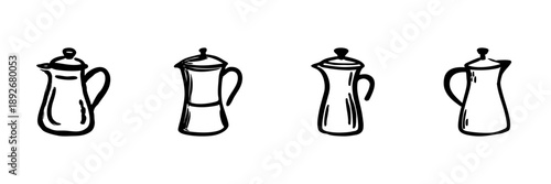 Four Coffee Pots In Hand Drawn Style Set. Vintage Kitchenware, Beverage Preparation, Coffee Brewing Doodle Sketch Collection. Rustic Home Decor. Isolated Vector Illustration