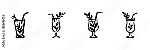 Cocktail Glasses With Straws And Garnishes In Hand Drawn Style Set. Refreshing Beverage, Summer Drink, Mixology Doodle Sketch Collection. Bar And Party Theme. Isolated Vector Illustration