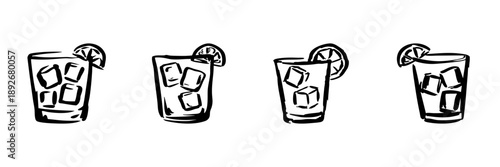 Glasses With Ice And Lemon Slices In Hand Drawn Style Set. Refreshing Beverage, Summer Drink, Cocktail Doodle Sketch Collection. Bar And Party Theme. Isolated Vector Illustration