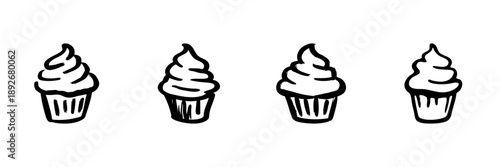 Cupcake Icons In Hand Drawn Style Set. Sweet Dessert, Bakery, Confectionery Doodle Sketch Collection. Whimsical And Playful Design. Isolated Vector Illustration