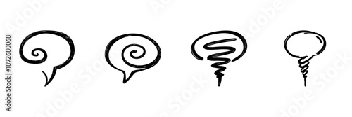 Spiral Speech Bubble Icons In Hand Drawn Style Set. Creative Communication, Thought Expression, Brainstorming Doodle Sketch Collection. Abstract Conversation Symbols. Isolated Vector Illustration