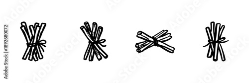 Bundles Of Cinnamon Sticks In Hand Drawn Style Set. Aromatic Spice, Culinary Ingredient, Flavoring Doodle Sketch Collection. Natural Fragrance And Cooking. Isolated Vector Illustration