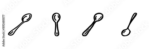 Spoon Icons In Hand Drawn Style Set. Kitchen Utensil, Dining, Cooking Tool Doodle Sketch Collection. Culinary Art, Tableware Design. Isolated Vector Illustration