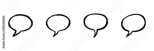 Four Speech Bubbles In Hand Drawn Style Set. Communication, Dialogue, Conversation Doodle Sketch Collection. Social Interaction Symbols. Isolated Vector Illustration
