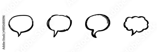 Speech Bubble Icons In Hand Drawn Style Set. Communication, Dialogue, Conversation Doodle Sketch Collection. Creative Expression Elements. Isolated Vector Illustration