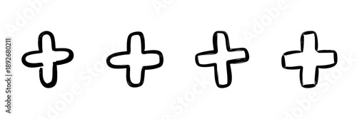 Four Hand Drawn Plus Signs In Doodle Style Set. Positive Addition, Mathematics, And Medical Symbol Sketch Collection. Simple Black And White Design. Isolated Vector Illustration