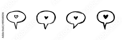 Speech Bubbles With Hearts In Hand Drawn Style Set. Love Communication, Romantic Expression, Affectionate Messaging Doodle Sketch Collection. Isolated Vector Illustration