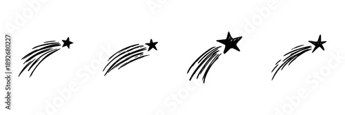 Shooting Stars In Hand Drawn Style Set. Celestial Motion, Wish Fulfillment, Cosmic Inspiration Doodle Sketch Collection. Night Sky Elements. Isolated Vector Illustration
