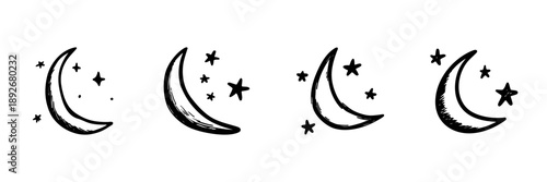 Crescent Moon And Stars In Hand Drawn Style Set. Nighttime, Celestial, Dreamy Atmosphere Doodle Sketch Collection. Cosmic And Astronomical Theme. Isolated Vector Illustration
