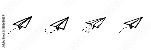 Paper Airplane Icons In Hand Drawn Style Set. Creativity, Freedom, And Communication Doodle Sketch Collection. Playful And Imaginative Design. Isolated Vector Illustration