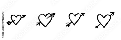 Hearts With Arrows In Hand Drawn Style Set. Love, Romance, Valentine'S Day Symbol Doodle Sketch Collection. Romantic Expression, Affection Icon. Isolated Vector Illustration