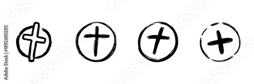 Cross Symbols In Hand Drawn Style Set. Religious Faith, Spirituality, Christianity Doodle Sketch Collection. Circular Design Elements. Isolated Vector Illustration