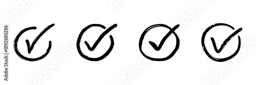 Check Mark Icons In Hand Drawn Style Set. Approval, Confirmation, Task Completion Doodle Sketch Collection. Validation Symbols. Isolated Vector Illustration