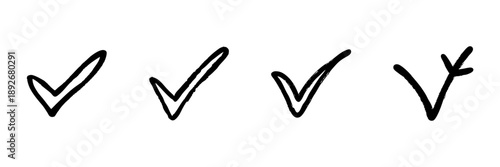 Four Check Marks In Hand Drawn Style Set. Task Completion, Approval, And Verification Doodle Sketch Collection. Simple And Minimalist Design. Isolated Vector Illustration