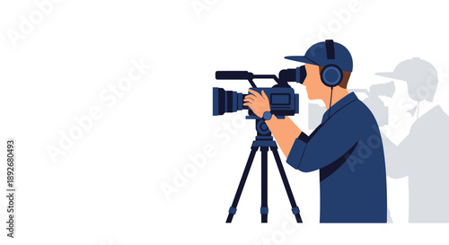 Professional Cameraman with Headphones Operating a Camera on a Tripod.