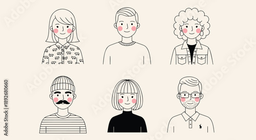 Diverse group of people with different hairstyles and expressions on neutral background