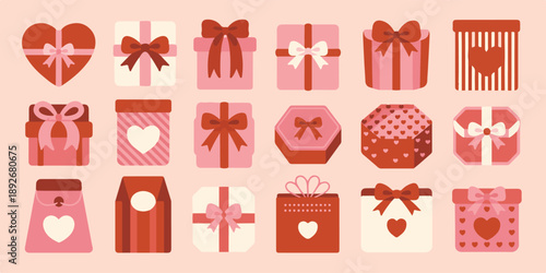 Set of Romantic Valentine’s Day Gift Boxes and Heart-Themed Packaging Illustrations.