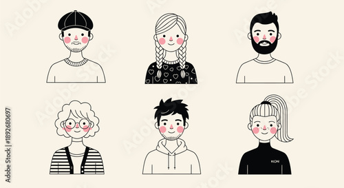 Diverse group of six cartoon people with different hairstyles and outfits smiling