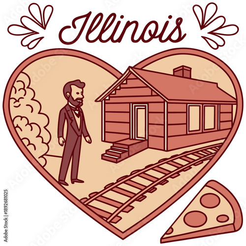 Illinois symbols including Abraham Lincoln, log cabin, and deep dish pizza