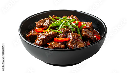 A close-up of a black bowl filled with savory, seasoned beef with peppers and scallions
