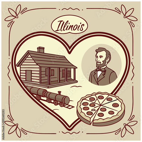 Retro Illinois illustration with Lincoln, steam train, and pizza