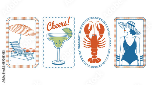 Vintage Summer Vacation Illustration Set Featuring Beach, Cocktail, Lobster, and Coastal Fashion.