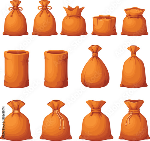 : Professional vector collection of burlap sacks and cloth bags for agriculture grain storage and logistics branding।