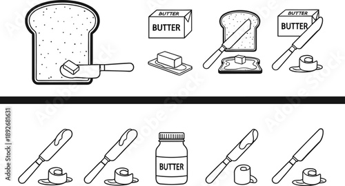 Professional black line vector icons of spreading butter on toast slices with knives and butter packaging।