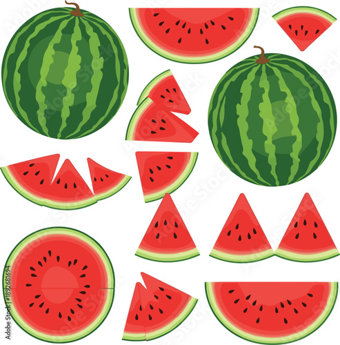 Fresh organic watermelon vector collection featuring whole fruit half slices and triangular segments for summer branding।