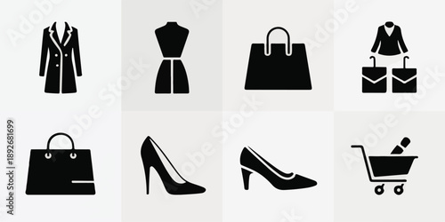 Collection of Minimalist Fashion and Retail Shopping Icon Silhouettes.