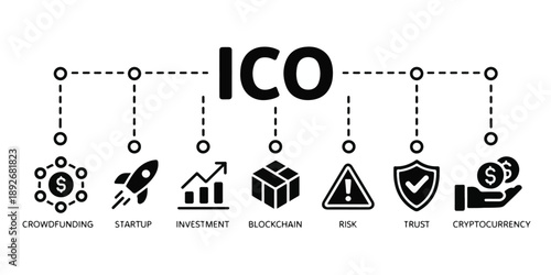 Initial Coin Offering (ICO) Cryptocurrency Investment and Blockchain Ecosystem Flowchart.