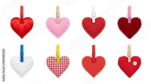 Valentine Love Craft Collection Heart Shapes Fabric Felt Lace Plaid Textures Hanging on Miniature Clothespins