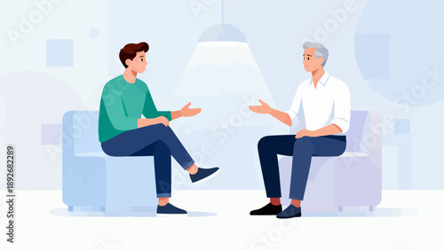 Two men are sitting in chairs and talking to each other. One of them is wearing a green shirt