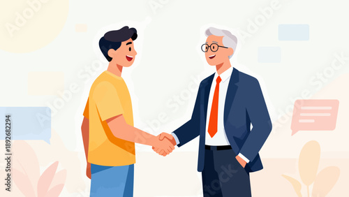 A man shakes hands with a young man. The man is wearing a suit and tie