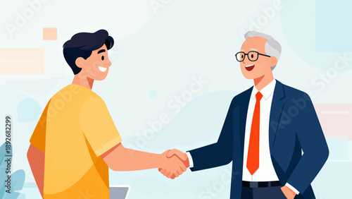 A man shakes hands with a young man. The man is wearing a suit and tie