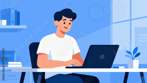 A man is sitting at a desk with a laptop in front of him. He is smiling and he is enjoying his work. The room is well-lit and has a comfortable atmosphere. The laptop is open