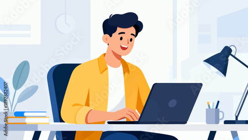 A man is sitting at a desk with a laptop in front of him. He is smiling and he is enjoying his work. The desk is cluttered with books, a cup, and a potted plant