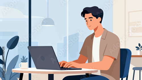 A man is sitting at a table with a laptop in front of him. He is typing on the laptop and he is focused on his work. The scene suggests a typical workday