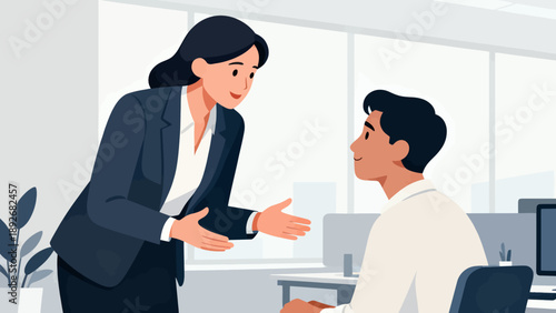 A woman in a suit shakes hands with a man in a white shirt. The woman is smiling and the man is looking at her. The scene is set in an office