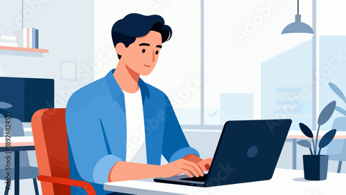 A man is sitting at a desk with a laptop in front of him. He is smiling and he is enjoying his work. The room is well-lit and has a comfortable atmosphere. The laptop is open