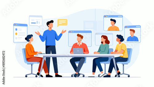 A group of people are sitting around a table with a man standing in front of them. The man is giving a presentation and the people are listening. Scene is professional and focused