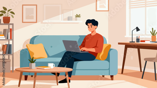 A man is sitting on a couch with a laptop in front of him. He is wearing a red shirt and is focused on his work. The room has a cozy and comfortable atmosphere, with a potted plant