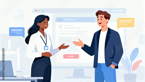 A woman and a man are talking to each other in a business setting. The woman is wearing a name tag and the man is wearing a suit. The background features a computer monitor and a potted plant