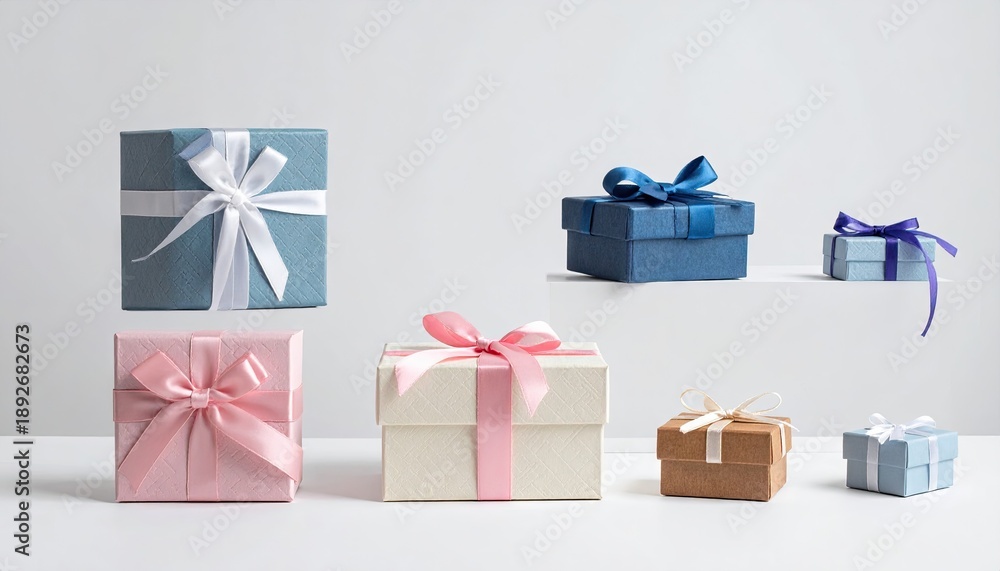 Obraz premium Collection of beautifully wrapped gift boxes with ribbons and bows.