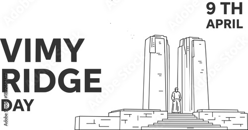Vimy Ridge Day April 9th vector illustration featuring the Canadian National Vimy Memorial silhouette on white background.