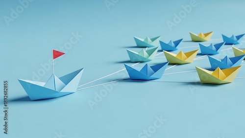 Paper boats on blue background with one leading the group