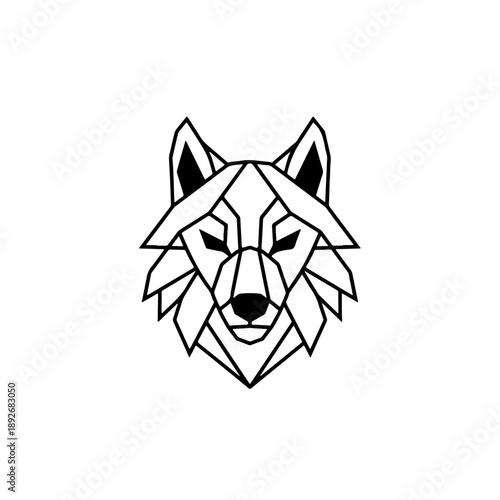Modern geometric polygonal wolf head illustration in minimalist black and white style. Abstract vector graphic design element or symbol.