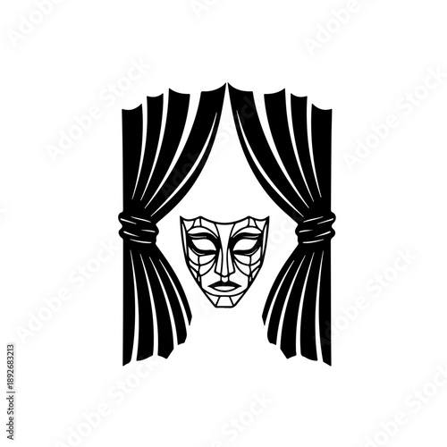 Stylized geometric dramatic theatre mask framed by classic stage curtains, depicting performance and entertainment