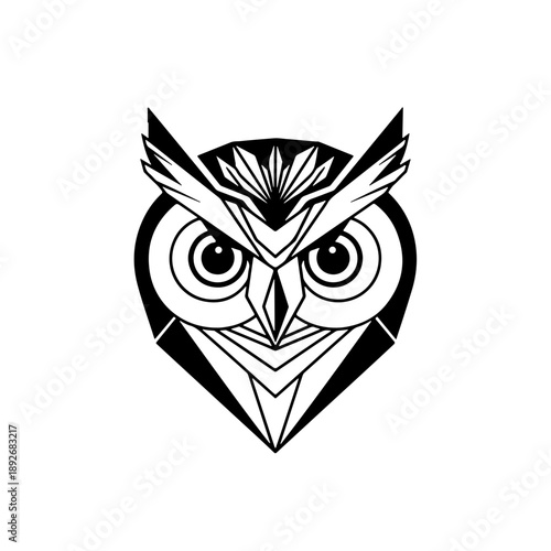 Abstract geometric black and white owl head illustration. Stylized vector graphic of a wise nocturnal bird face, ideal for logos and modern design.