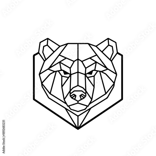 Geometric bear head illustration, modern minimalist polygonal line art animal emblem. Abstract wildlife grizzly face icon.